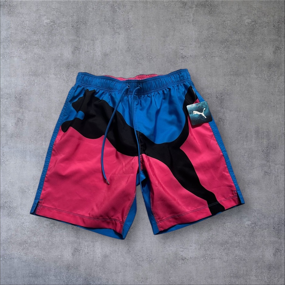 Puma Power Volley Swim Trunk Board Short Swimwear Men Sz Small Cat Pink Blue 8"